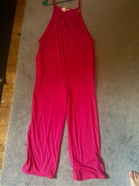 Sleeveless Hot Pink Ribbed Wide-Leg Jumpsuit